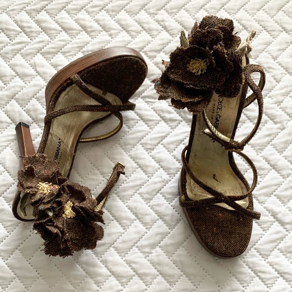 Dolce & Gabbana vintage tweed flower platform sandals heels, 7 - Picture 15 of 16